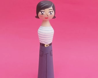 Audrey Hepburn wooden kokeshi, handpainted doll decoration