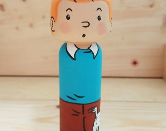 Kokeshi Peg doll Wooden doll Tintin and Milú custom gift