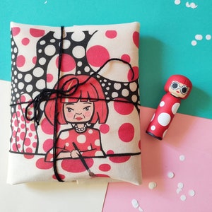 Totebag pack of cotton fabric bag and kokeshi wooden doll by Yayoi Kusama perfect gift