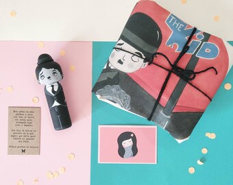 Totebag pack of cotton fabric bag and kokeshi wooden doll by Chaplin, perfect gift