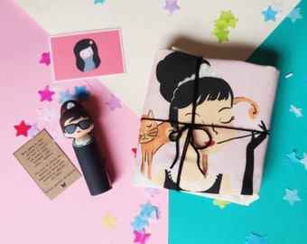 Totebag pack of cotton fabric bag and kokeshi wooden doll by Audrey Hepburn, perfect gift