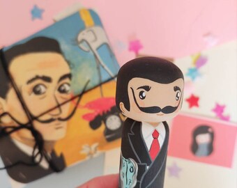 Totebag pack of cotton fabric bag and kokeshi wooden doll by Salvador Dalí, perfect gift