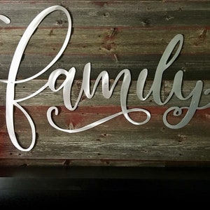 May include: A silver metal sign spelling "Family" in cursive script. It's mounted on a rustic wooden backdrop with brown, red, and grey tones. This decorative sign would suit a home interior, adding a personal touch.