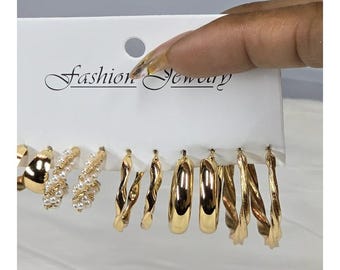 5-Pair Gold-Tone Hoop Stud Fashion Earring Set – Textured, Pearl & Bold Styles
