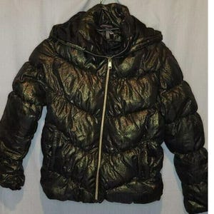 May include: A black puffer jacket with a metallic sheen, featuring a hood and a full-length zipper. The jacket has a quilted design and long sleeves. The jacket is hanging on a hanger.