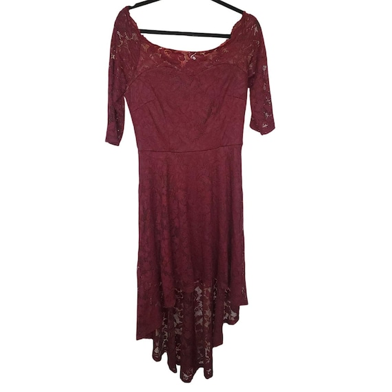 chinese dress ladies V Neck Burgundy High Low Lace Prom Dresses, Wine Red High Low Lace For –  jbydress main image 0