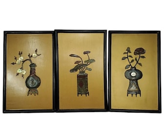 ヴィンテージ中国翡翠石花ウォールアート 3枚セット 木製フレームパネル