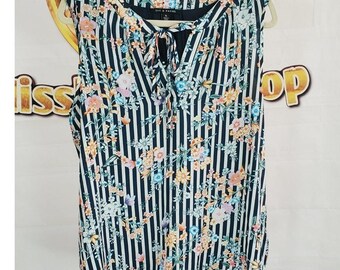 Zac Rachel Navy Floral Stripe Sleeveless Top XL