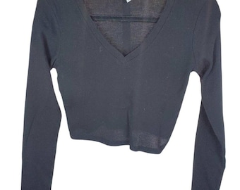 Bozzolo Black V-Neck Long Sleeve Ribbed Crop Top M
