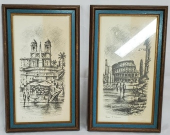 ヴィンテージ 額入り ローマ スケッチ プリント セット スペイン広場 コロッセオ サイン入り 2枚セット