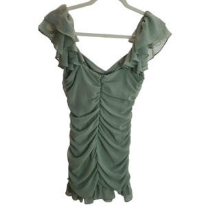 ザラ グリーン ルーシュ ラッフル ミニドレス セージ シフォン ルック M 画像 2