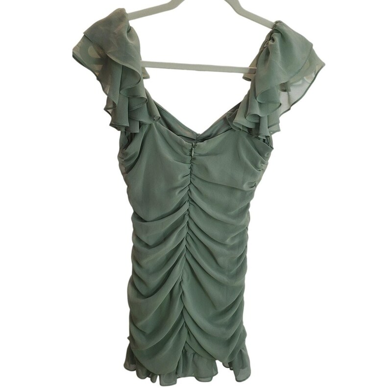 ザラ グリーン ルーシュ ラッフル ミニドレス セージ シフォン ルック M 画像 2