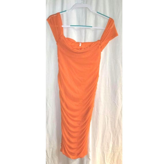 orange off the shoulder bodycon dress Primrose Orange Satin Off the Shoulder Mini Dress - US 14