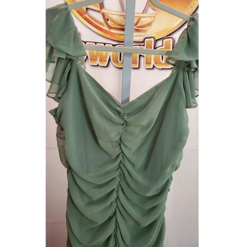 ザラ グリーン ルーシュ ラッフル ミニドレス セージ シフォン ルック M 画像 3