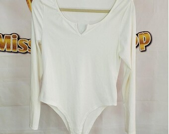 Shein White Ribbed Long Sleeve Bodysuit XL