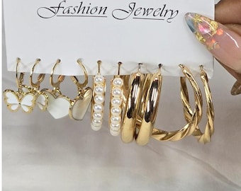 5-Pair Gold-Tone Fashion Earrings Set – Pearl, Hoop, and Dangle Styles