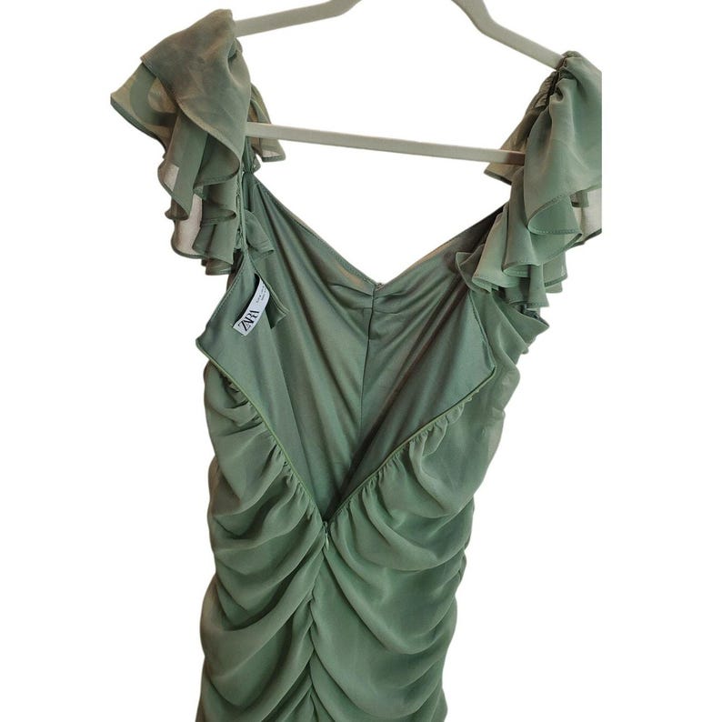 ザラ グリーン ルーシュ ラッフル ミニドレス セージ シフォン ルック M 画像 5