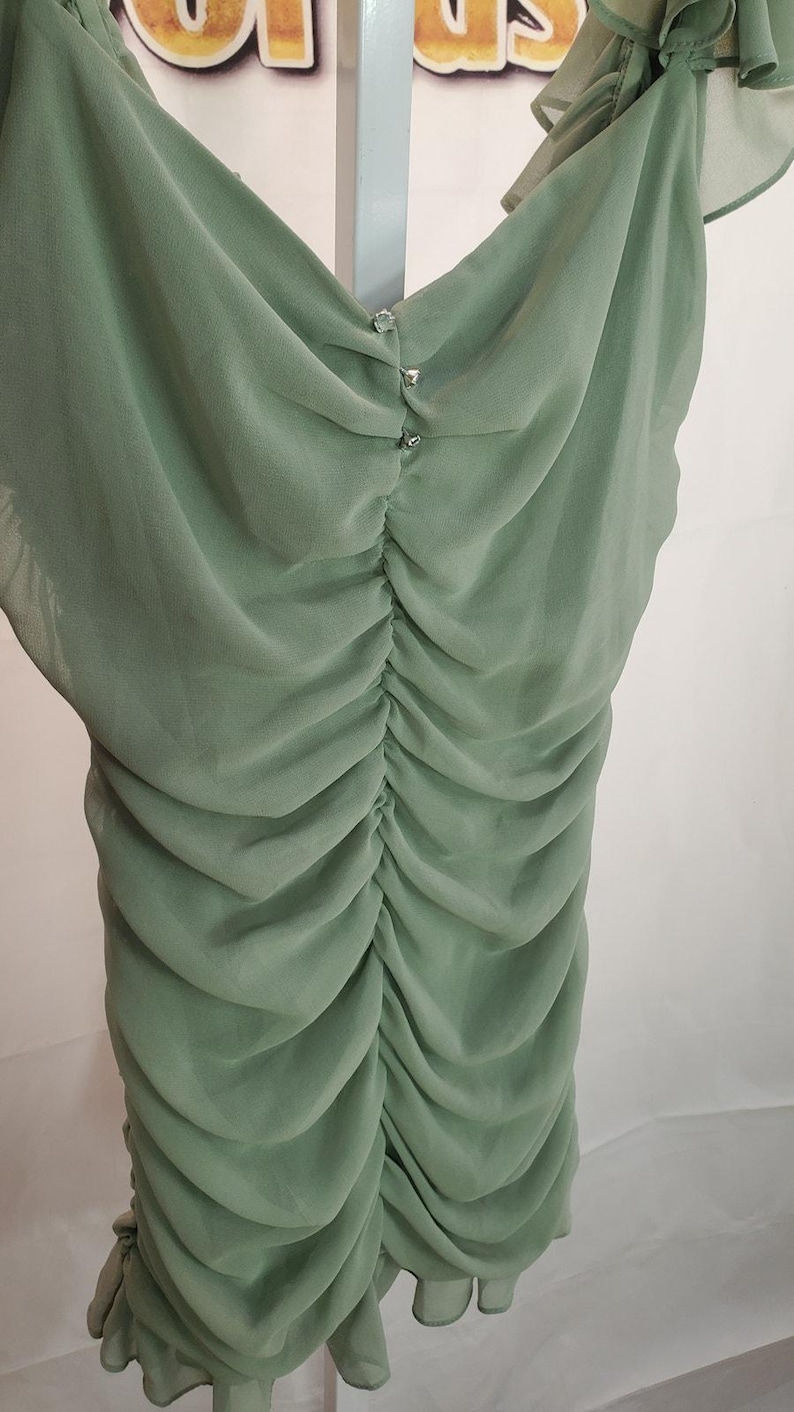 ザラ グリーン ルーシュ ラッフル ミニドレス セージ シフォン ルック M 画像 7