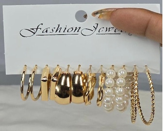 NWT 6-Pair Fashion Jewelry Earring Set Gold Hoops Pearls Twists Styles