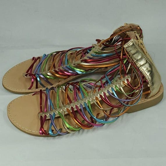Olive Eddie Girls Gladiator Sandals – Rainbow Strappy, Gold Zip
