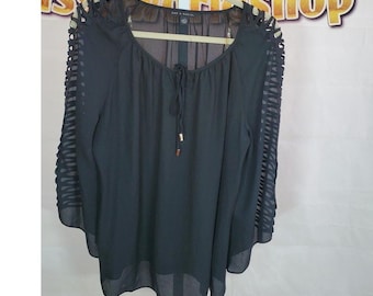 Zac Rachel Black Sheer Lace Sleeve Blouse L