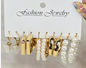 5-Pair Gold & Pearl Fashion Hoop Earring Set with Butterfly and Beaded Accents
