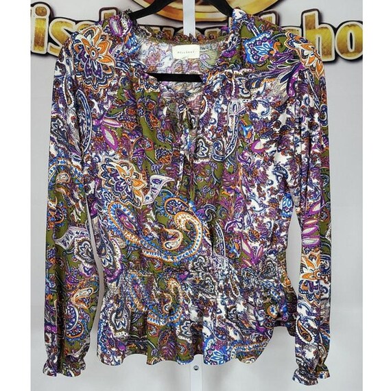 Melloday Womens Purple Green Paisley Stretch Elastic Waist Top size S Melloday Womens Purple Green Paisley Stretch Elastic Waist Top size S