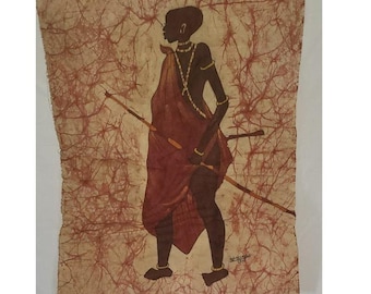 Vintage 1986 African Batik Cloth Art Signed A.B. Scomau – Woman with Spear