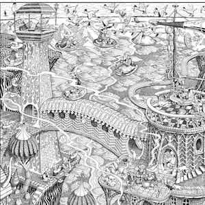 Könnte beinhalten: Eine Schwarzweißillustration einer fantastischen Stadt mit komplizierten Details, mit Türmen, Brücken und gewundenen Wegen. Die Stadt ist mit kleinen Figuren und skurrilen Elementen bevölkert.