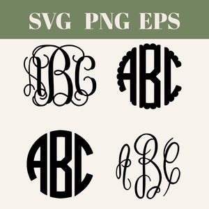 May include: Four different monogram designs featuring the letters "ABC" in black. The first design is a script style monogram, the second is a circle with a scalloped edge, the third is a simple circle, and the fourth is a script style monogram.