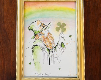 Real 4 leaf clover hand painted water color greeting card
