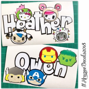 Your name or word (up to 8 letters) with your choice of up to four disney Tsum tsums and/or character heads inspired vinyl decal...