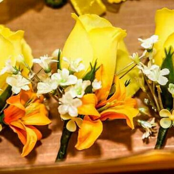 Yellow Rose Boutonniere, Spring Boutonniere, Yellow Wedding Flowers, Orange Lily, Country Wedding Boutonniere