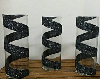 Set of 6 Black Glitter Vases, Black Swirl Vase, Wedding Centerpiece, Glitter Vase, Wedding Decor, Bridal Shower Decor, Engagement Party