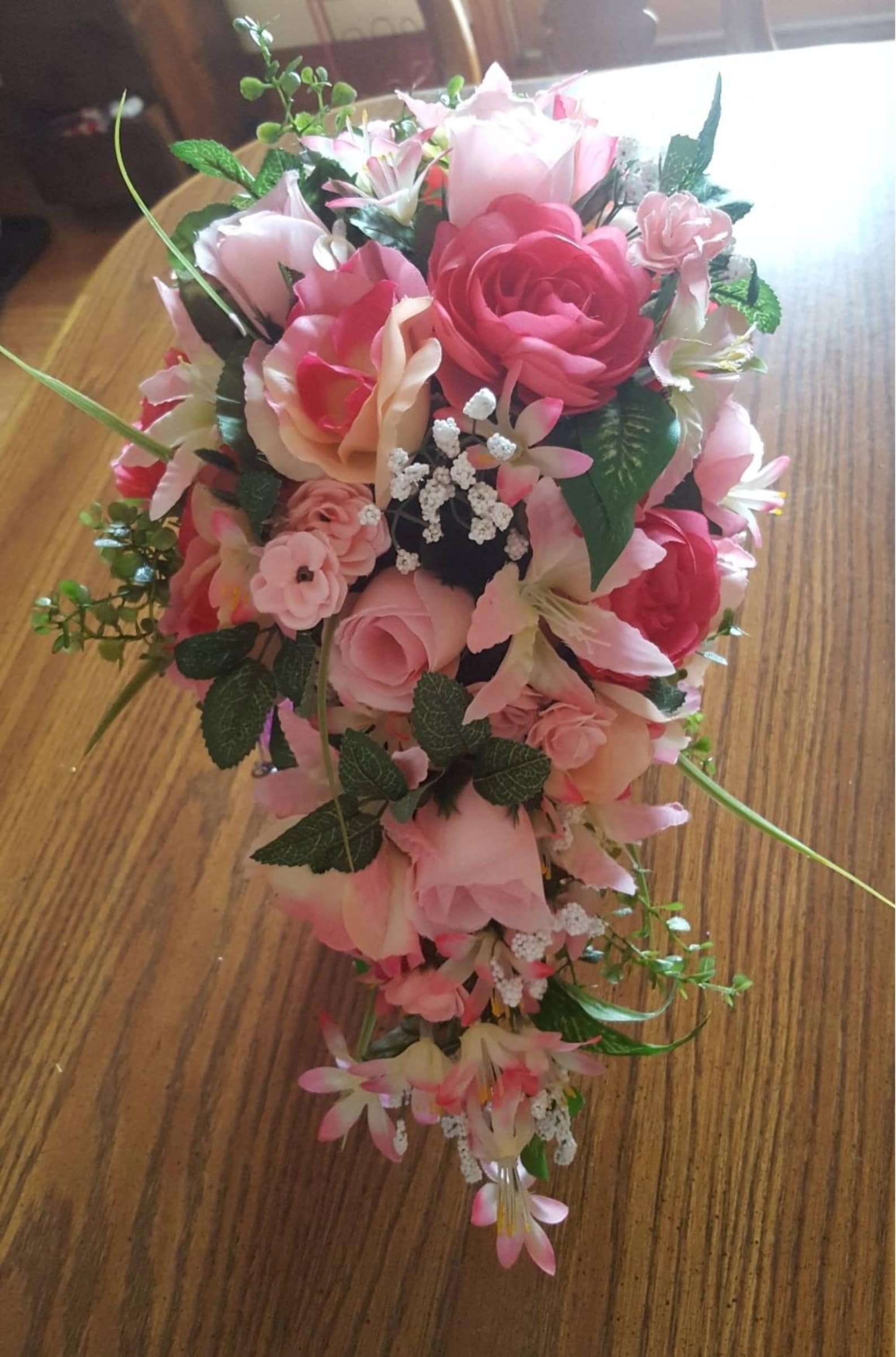 Pink Cascading Roses Pink Cascading Bouquet, Pink Wedding Bouquet, Bridesmaid Bouquet, Pink ...