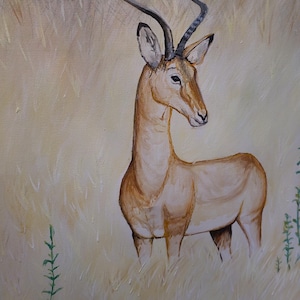 May include: An oil painting on canvas depicting an impala standing in tall, light-coloured grass. The animal has a tan coat, dark curved horns, and is facing towards the right. Small green plants are visible in the foreground of the scene.