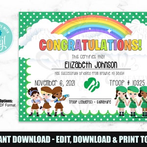 Girl Scout Bridging Ceremony Certificate Brownies to Juniors - INSTANT DOWNLOAD - Editable File