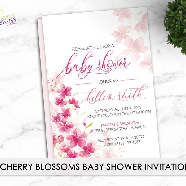 Cherry Blossoms Baby Shower Invitation -Digital Printable File. Cherry Blossom Party Invitation. Pink Baby Shower. PERSONALIZED INVITATION