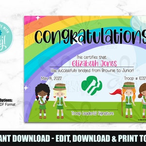 Girl Scout Bridging Ceremony Certificate - INSTANT DOWNLOAD - Editable File