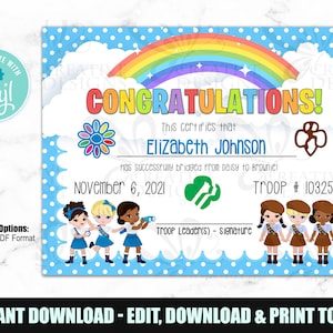 Girl Scout Bridging Ceremony Certificate - INSTANT DOWNLOAD - Editable File
