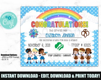 Girl Scout Bridging Ceremony Certificate - INSTANT DOWNLOAD - Editable File