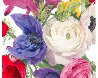 Bouquet Flower Print, Watercolor Painting, Ranunculus, Anemones, Freesia