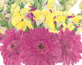 Gerber Daisies and Snapdragons, Print, Watercolor Painting, Botanical Flower, Contemporary Watercolor Print, Original Painting, Home Decor