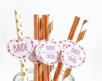 Bride Tribe Bachelorette Party Rose Gold Paper Straws Set - Bride Tribe Bachelorette Party Decorations - Bachelorette Straws - Team Bride