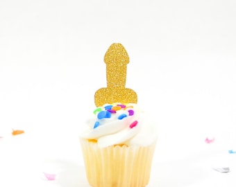 Bachelorette Penis Cupcake Toppers Set of 12 - Bachelorette Penis Decorations - Penis Party Supplies - Glitter Penis Cupcake Toppers