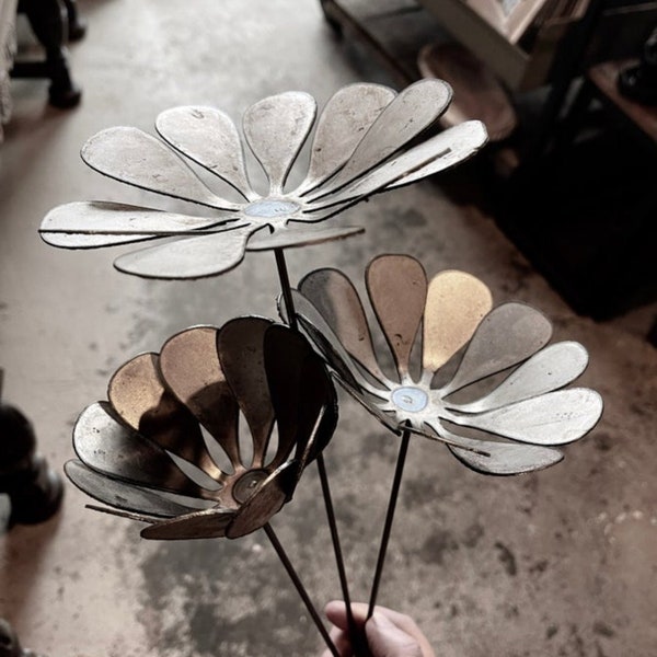 Set of 3 Metal Blooming Flower Stems 4inch or 6 inch wide Home decor, garden art