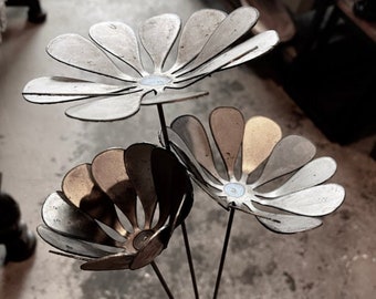 Set of 3 Metal Blooming Flower Stems 4inch or 6 inch wide Home decor, garden art