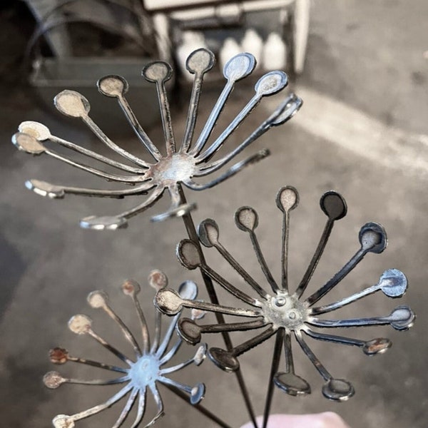 Set of 3 Dandelion Raw Metal Flower Stakes Stems Home Decor Garden Art Yard Art