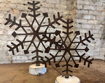 Farmhouse Style Wirebrushed Metal Snowflake Stands - Set of 2 - Snowflake Style #4