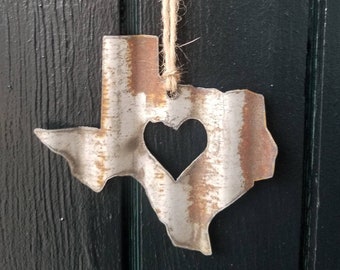 TEXAS STATE LOVE Corrugated Metal Farmhouse Style Old Barn Tin Christmas Tree Ornament